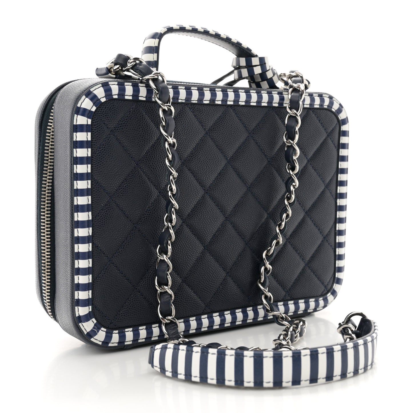 Caviar Quilted Striped Medium CC Filigree Vanity Case Navy White