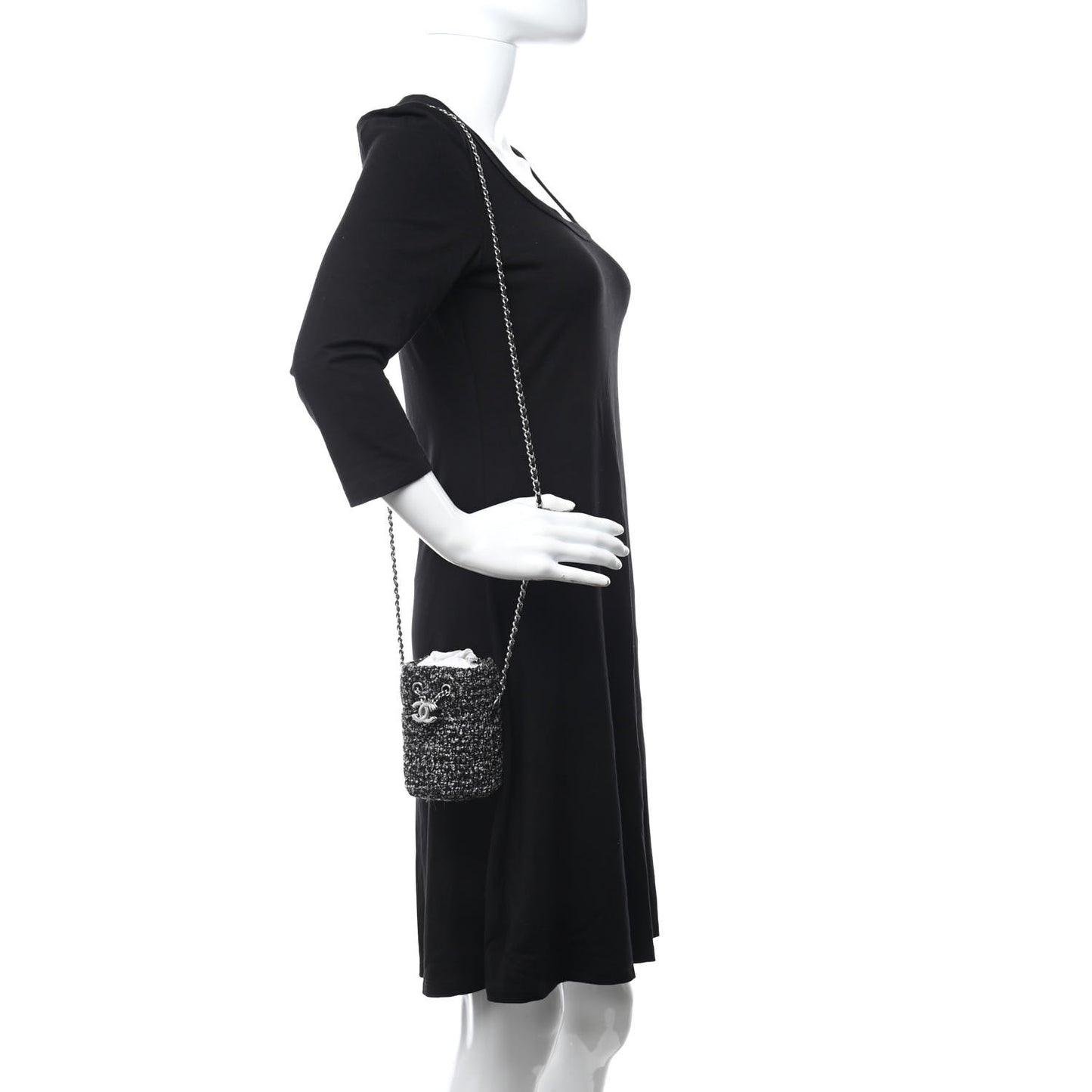 Tweed Mini Bucket Drawstring Bag Black Silver