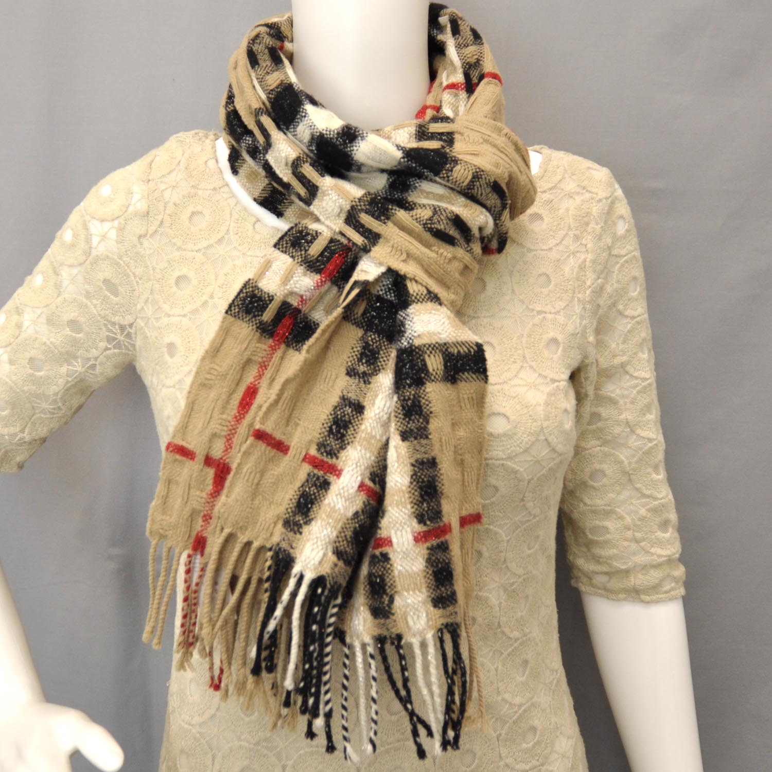 Burberry Merino Wool Cashmere Check Scarf Camel 2 of 4