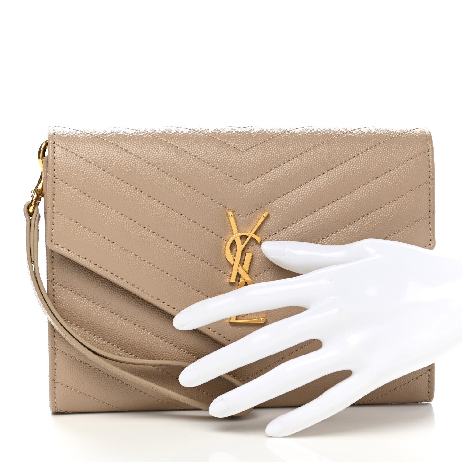 Saint Laurent Grain De Poudre Matelasse Chevron Monogram Envelope Clutch Dark Beige 2 of 8