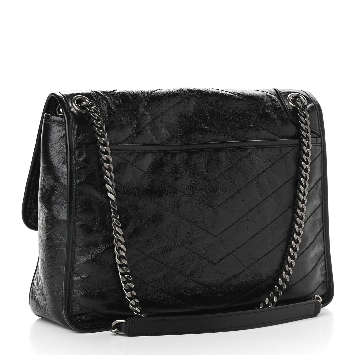 Crinkled Calfskin Matelasse Monogram Large Niki Chain Satchel Black
