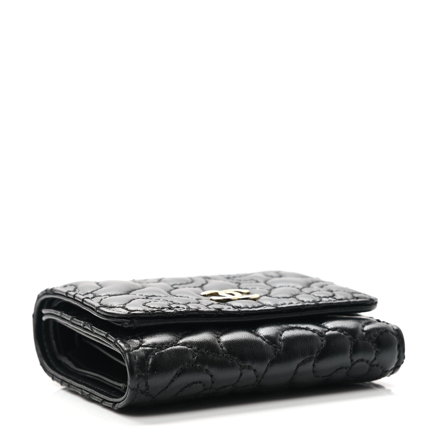Lambskin Camellia Embossed Small Wallet Black