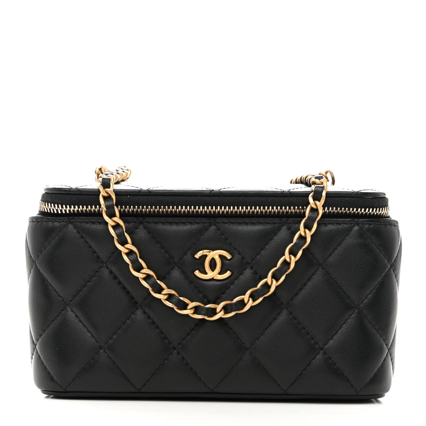 Lambskin Quilted Pearl Crush Small Vanity Case With Chain Black
