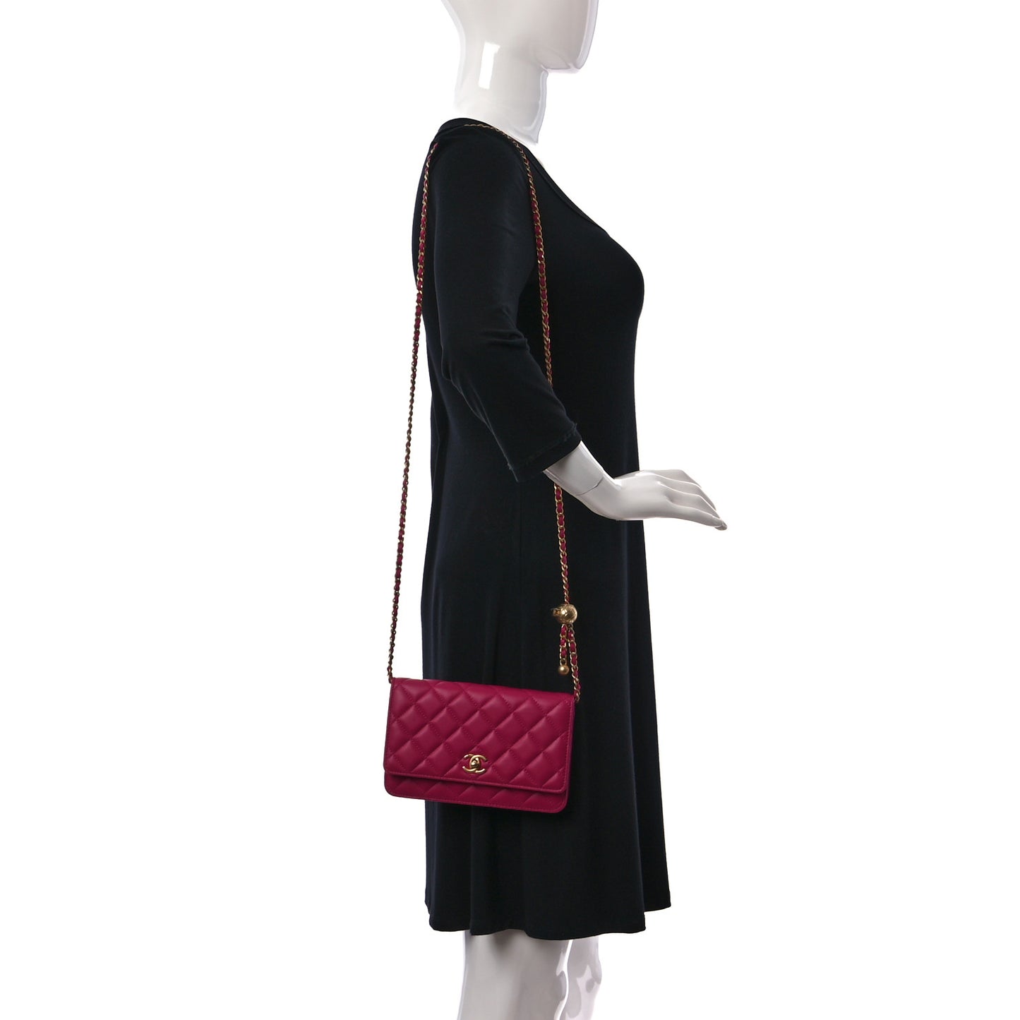 Lambskin Quilted CC Pearl Crush Wallet on Chain WOC Dark Pink