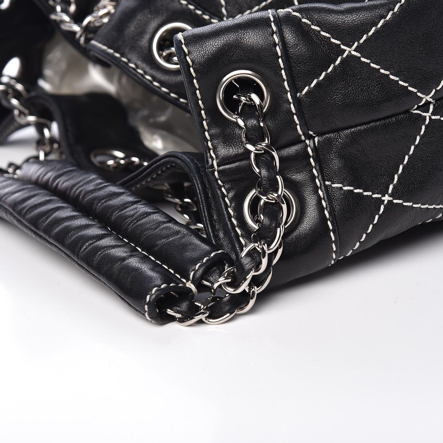 Lambskin Contrast Stitch Small Drawstring Tote Black