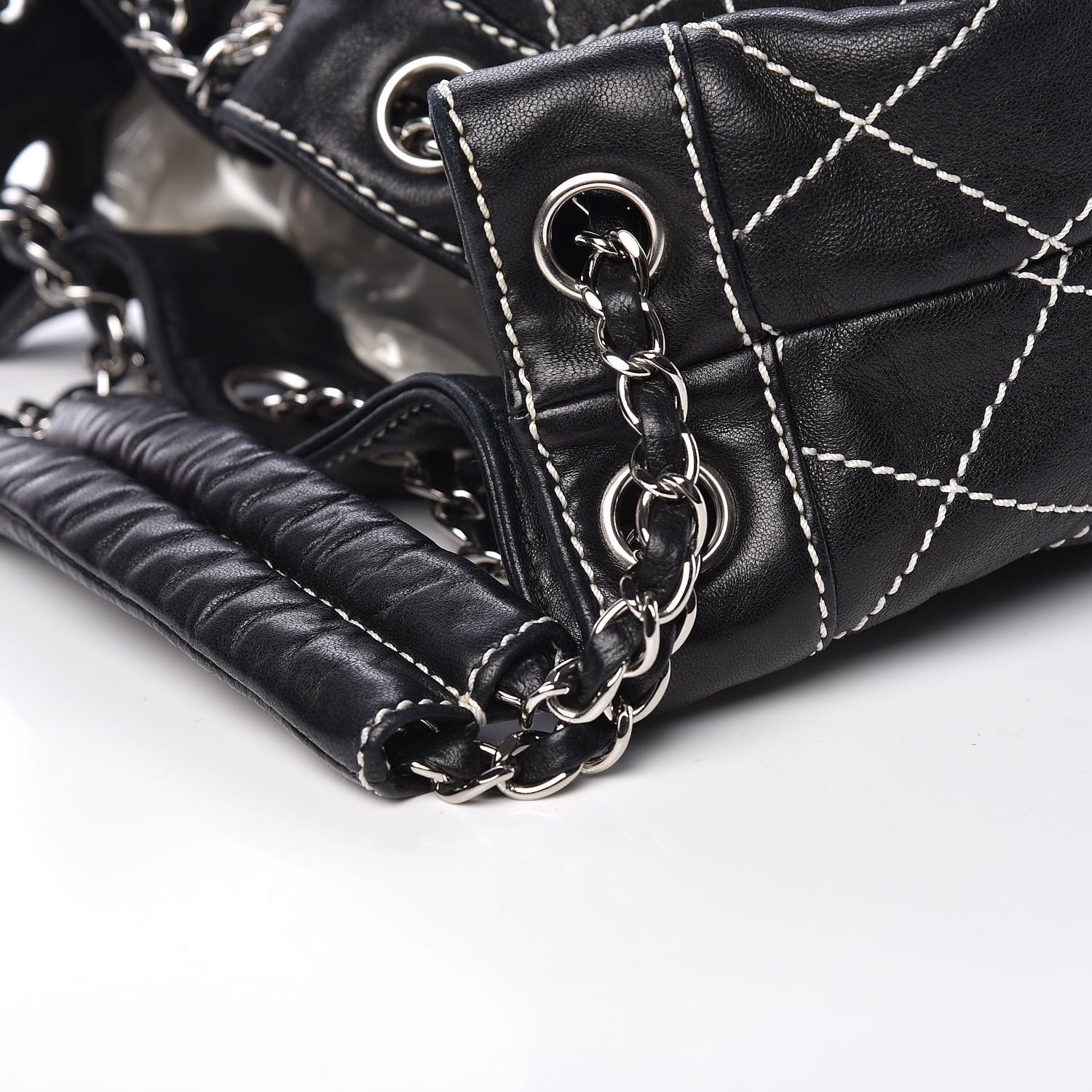 Chanel Lambskin Contrast Stitch Small Drawstring Tote Black 11 of 14