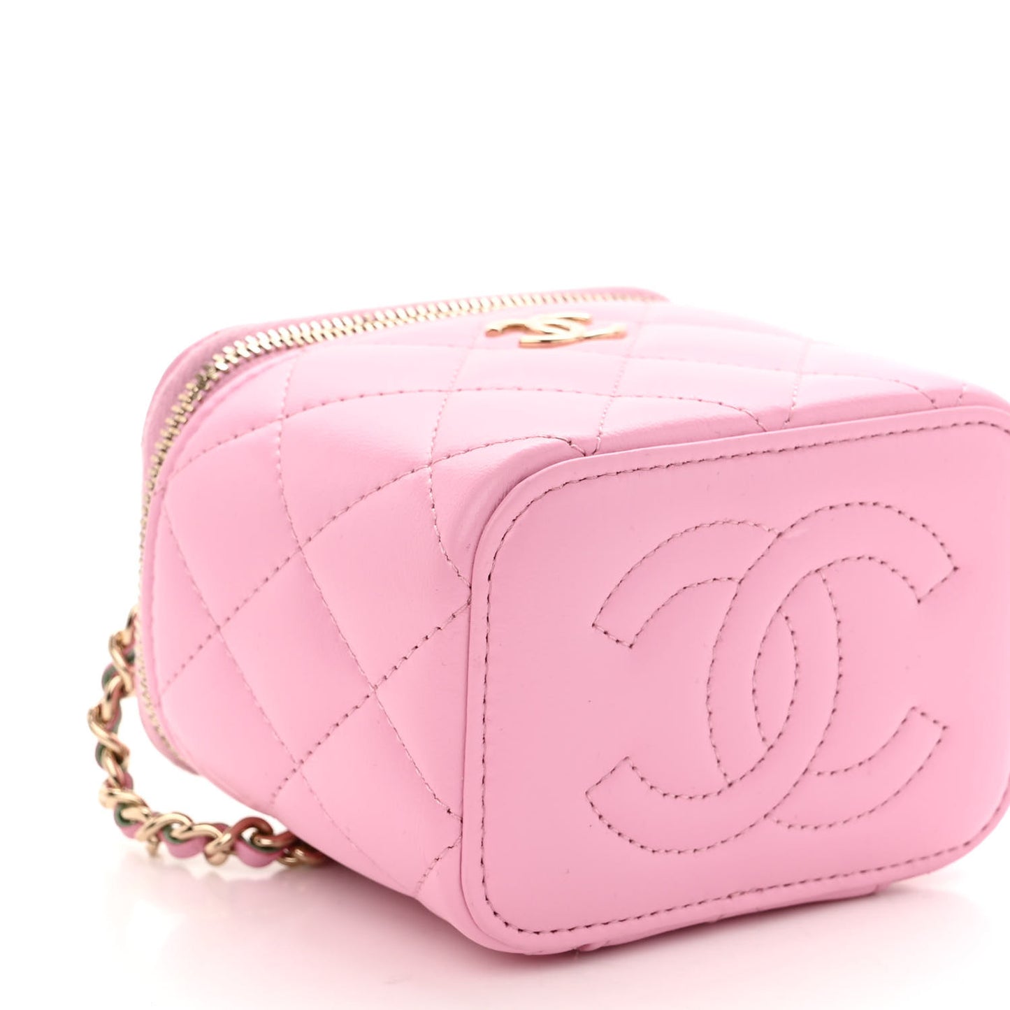 Lambskin Quilted Top Handle Mini Vanity Case With Chain Pink Green
