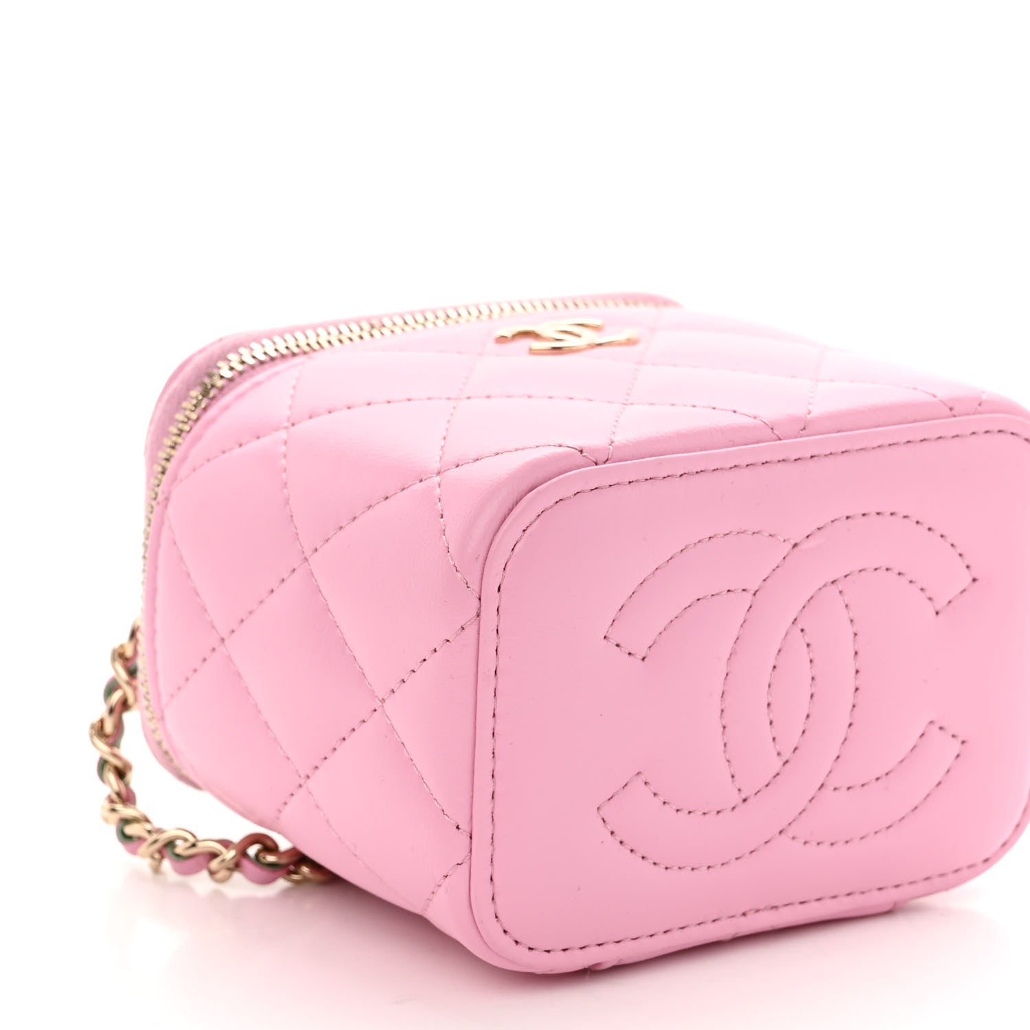 Chanel Lambskin Quilted Top Handle Mini Vanity Case With Chain Pink Green 9 of 10