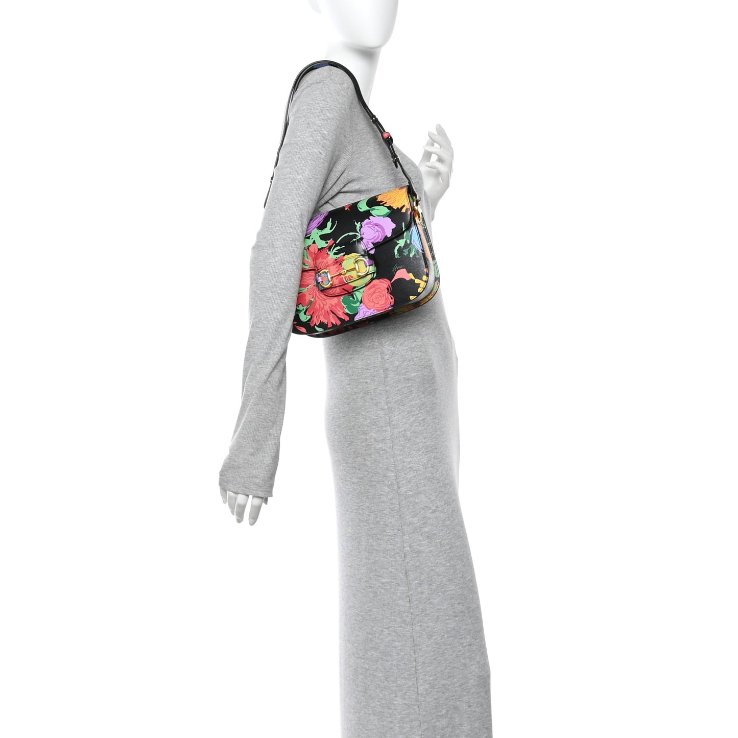 X KEN SCOTT New Shangai Calfskin Jenny Floral Print Horsebit 1955 Shoulder Bag Black Pink