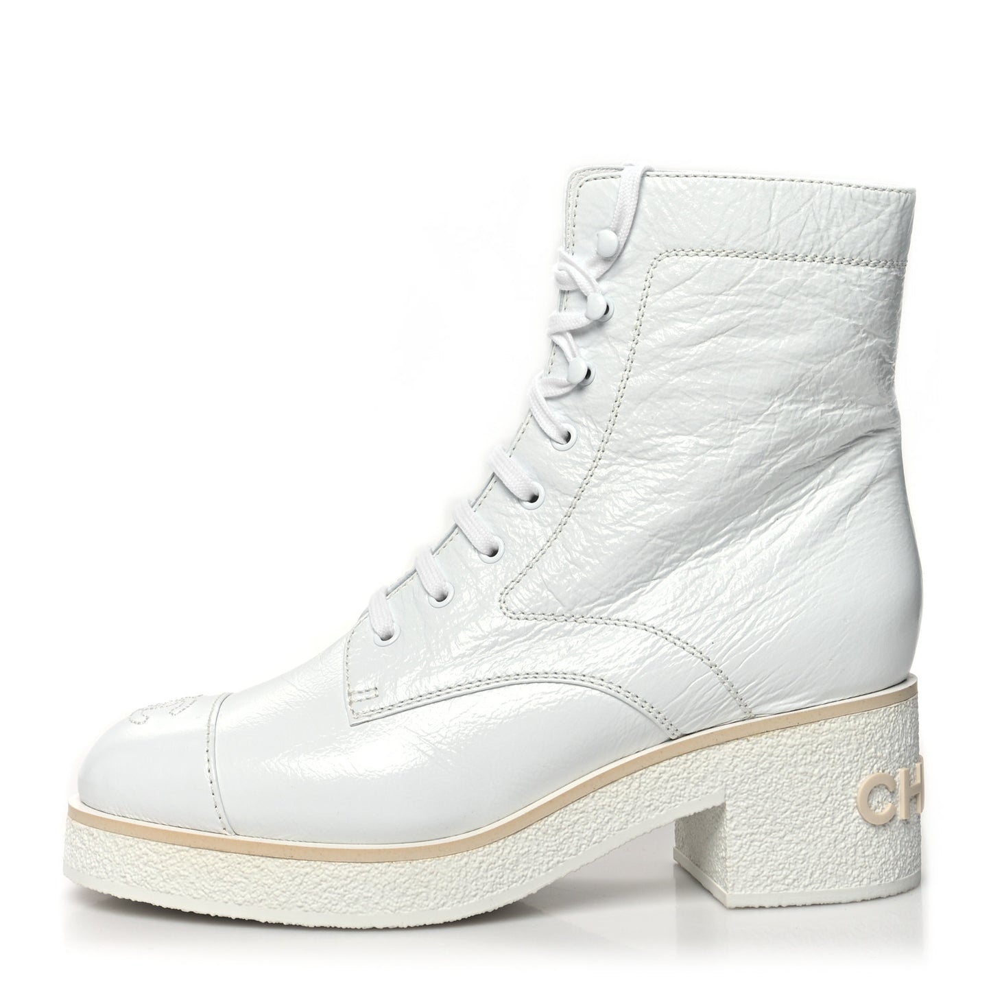 Shiny Crumpled Lambskin Lace Up Combat Boots 41 White