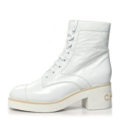 Chanel Shiny Crumpled Lambskin Lace Up Combat Boots 41 White 1 of 8