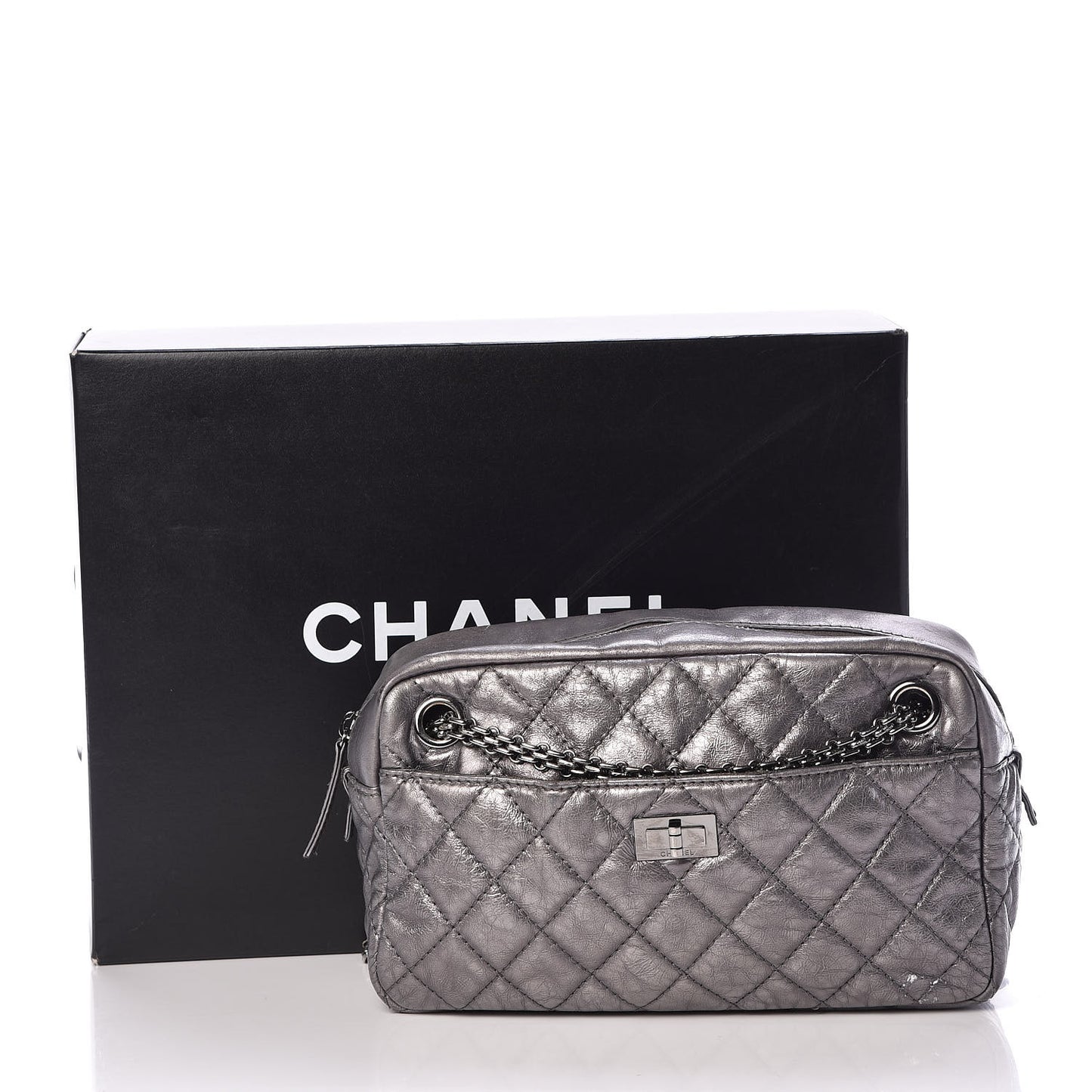 Metallic Aged Calfskin Quilted Medium Reissue Camera Case Dark Silver