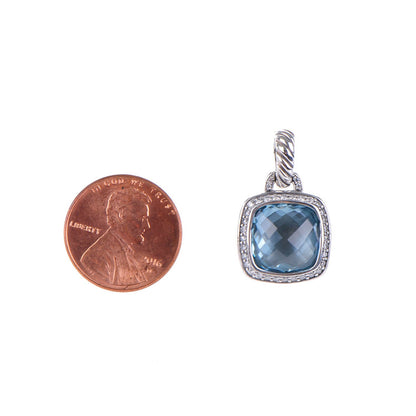David Yurman Sterling Silver Pave Diamond Blue Topaz 11mm Albion Enhancer Pendant 2 of 4
