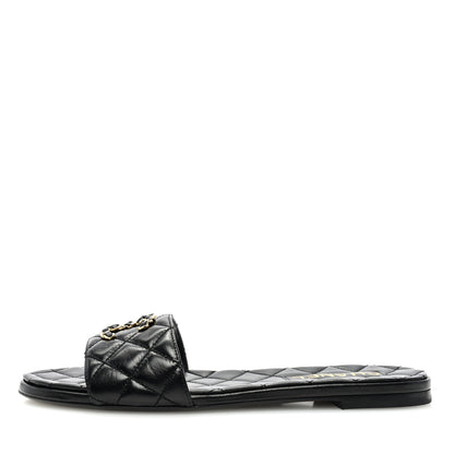 Chanel Shiny Goatskin Quilted CC Mules Sandals 39 Black 1 of 8