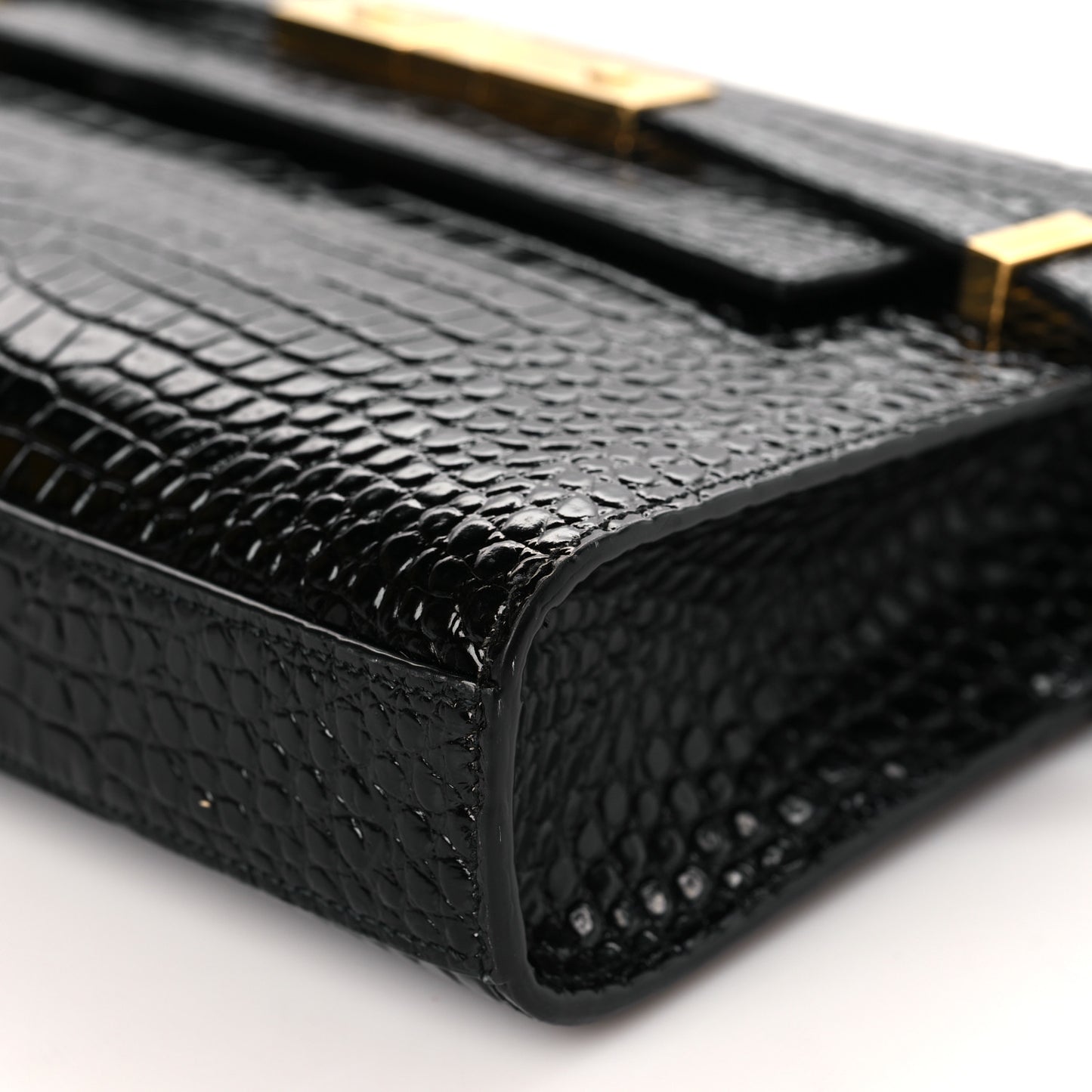 Shiny Calfskin Crocodile Embossed Small Manhattan Baguette Black