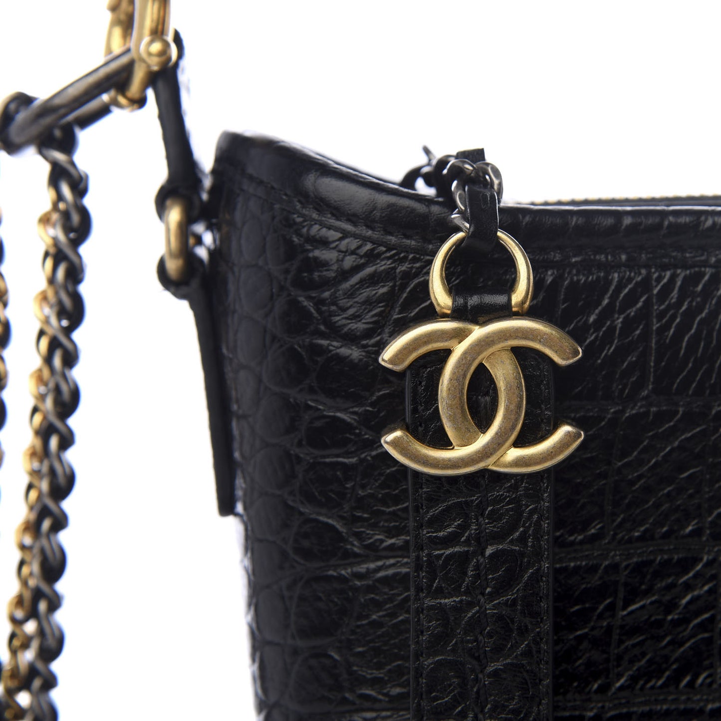Calfskin Crocodile Embossed Small Gabrielle Cocodile Hobo Black