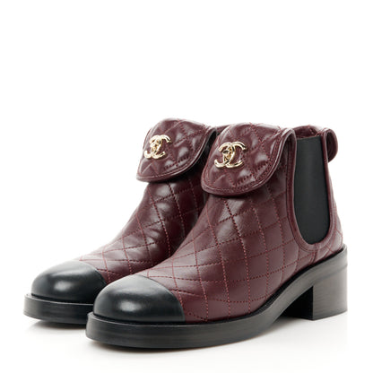 Chanel Lambskin Quilted Cap Toe CC Turnlock Booties 37 Burgundy Black 3 of 11