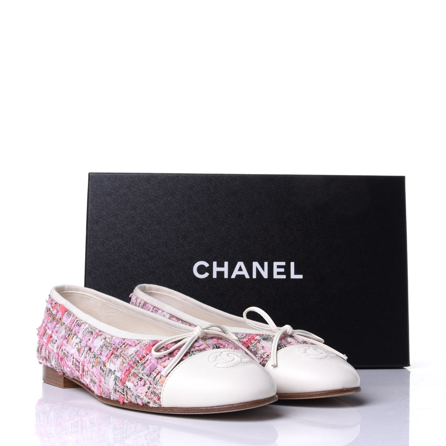 Tweed Calfskin Cap Toe Ballerina Flats 38 Pink