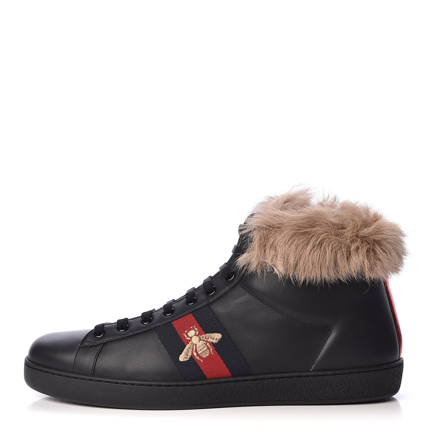 Gucci Calfskin Wool Web Bee Embroidered Mens Ace High Top Sneakers 12.5 Black 1 of 10