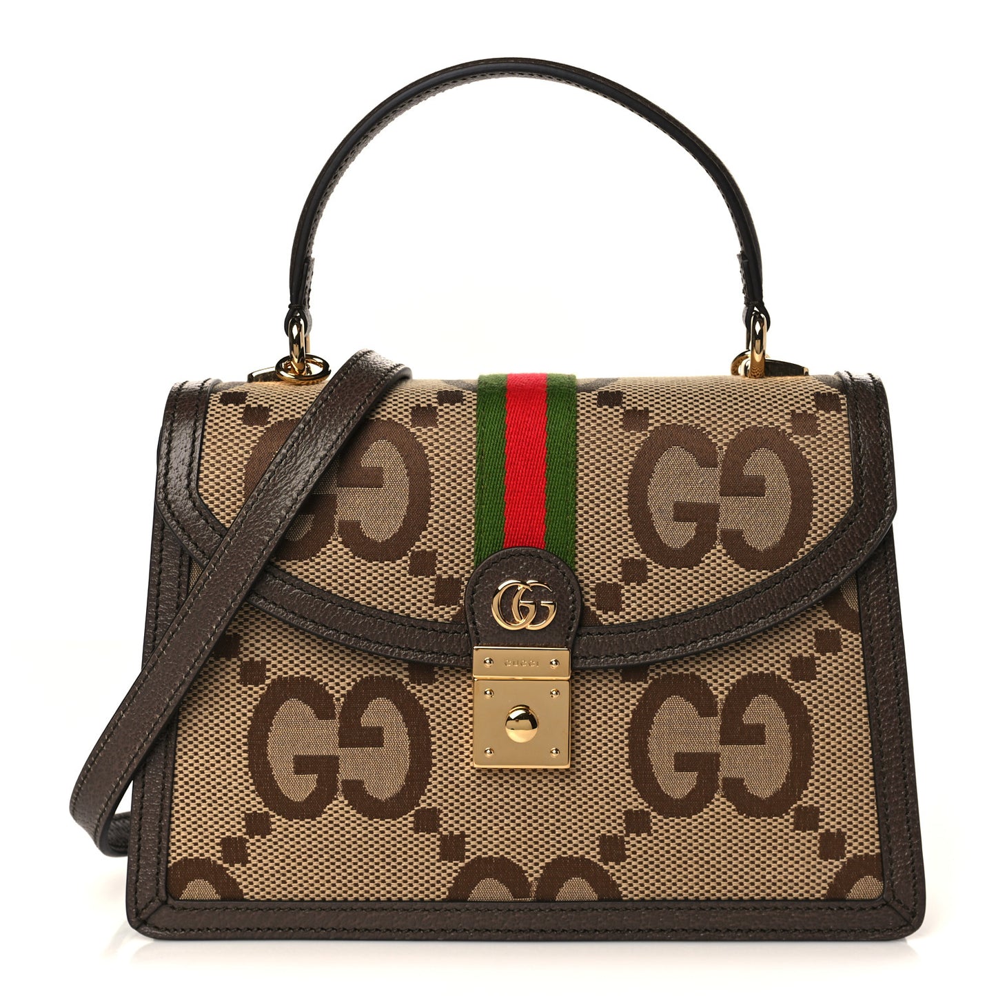 Monogram Jumbo GG Textured Dollar Calfskin Web Small Ophidia Padlock Top Handle Bag Camel Ebony New Acero