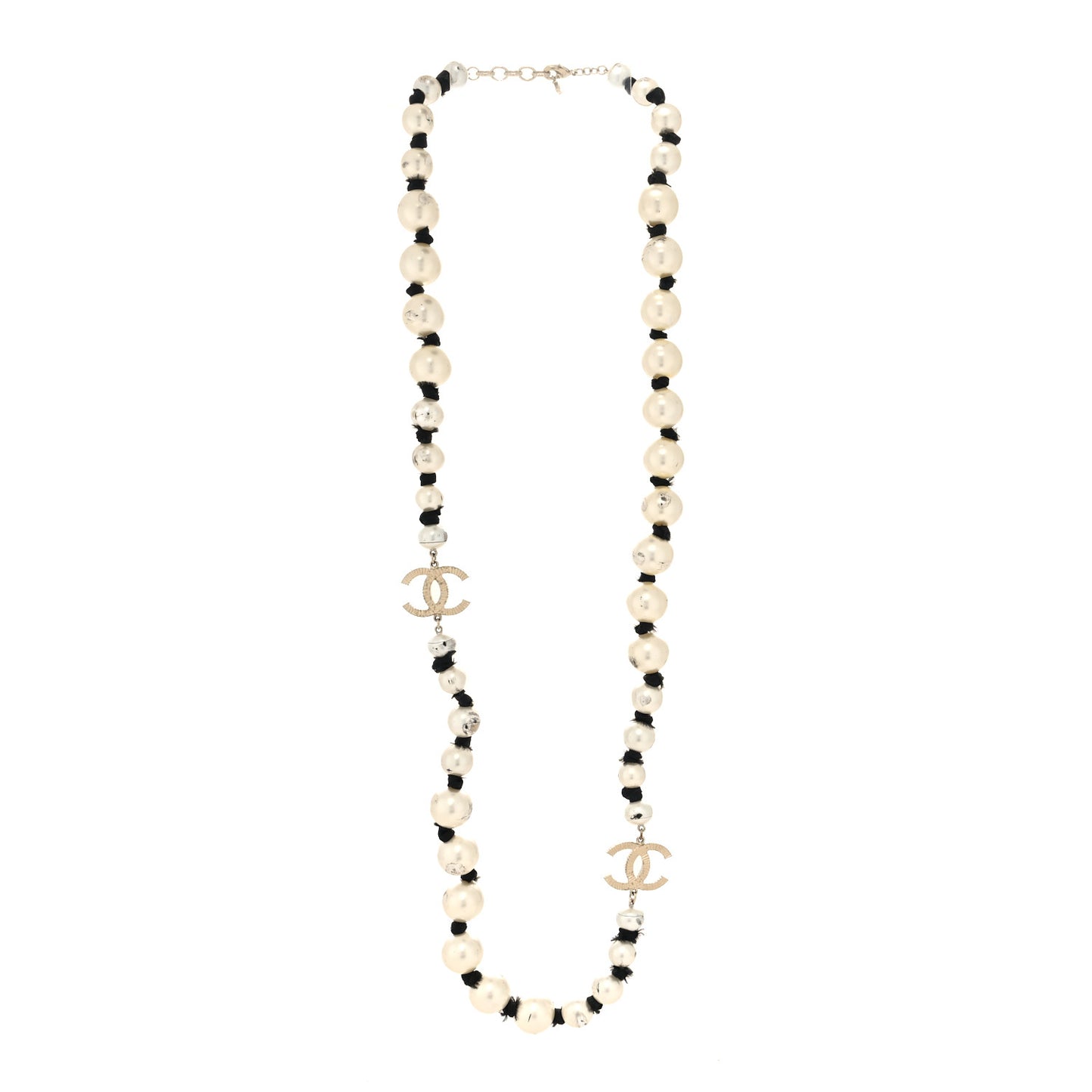 Pearl Grosgrain CC Long Necklace Gold