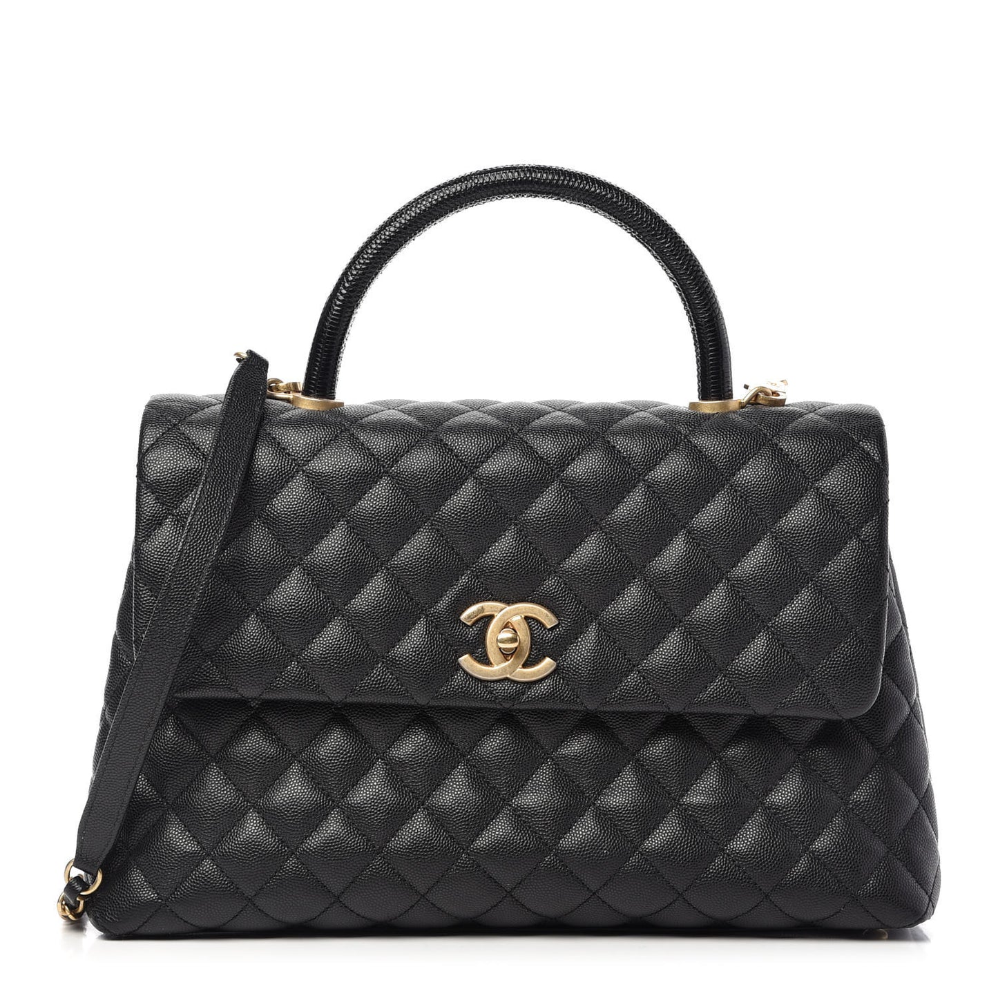 Caviar Lizard Quilted Medium Coco Handle Flap Black