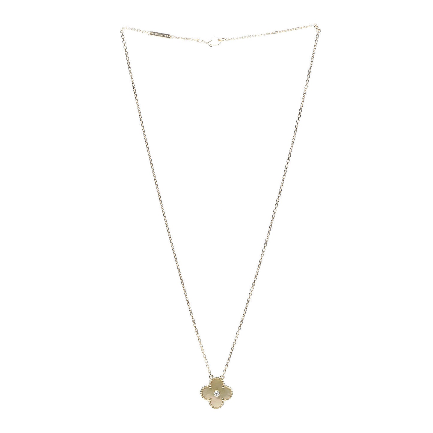 18K Yellow Gold Diamond Yellow Mother of Pearl Vintage Alhambra Pendant Necklace