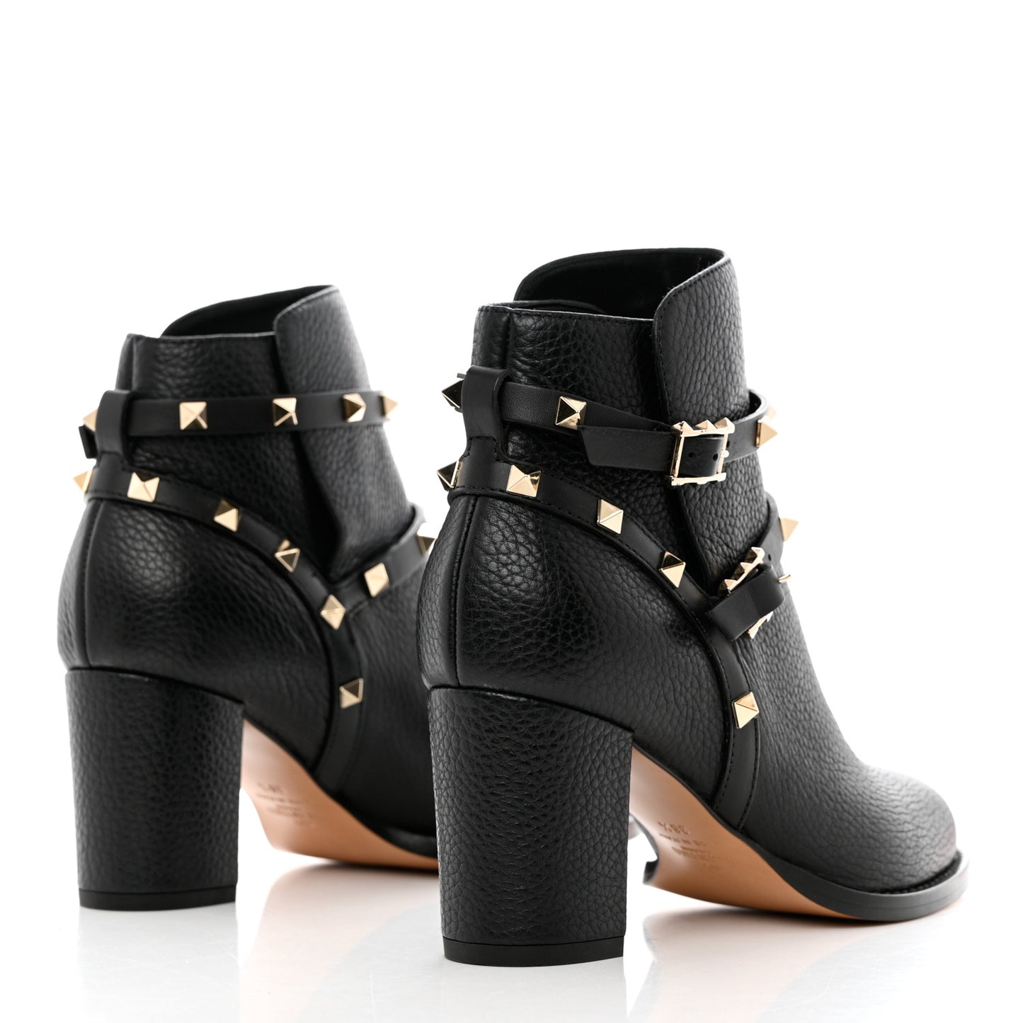Pebbled Calfskin Rockstud Double Buckle 70mm Block Heel Ankle Boots 38.5 Black