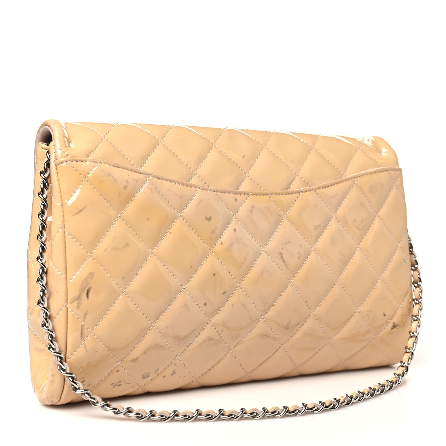 Patent Quilted Clutch with Chain Flap Beige