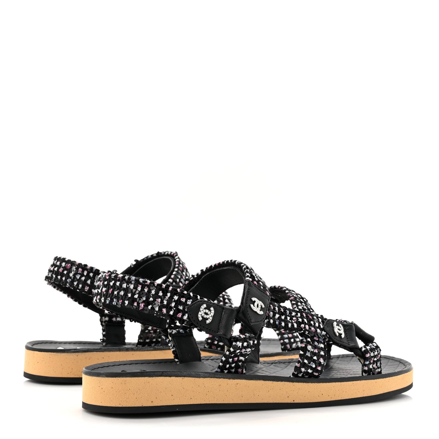 Glittered Tweed Lambskin Dad Sandals 39.5 Black White