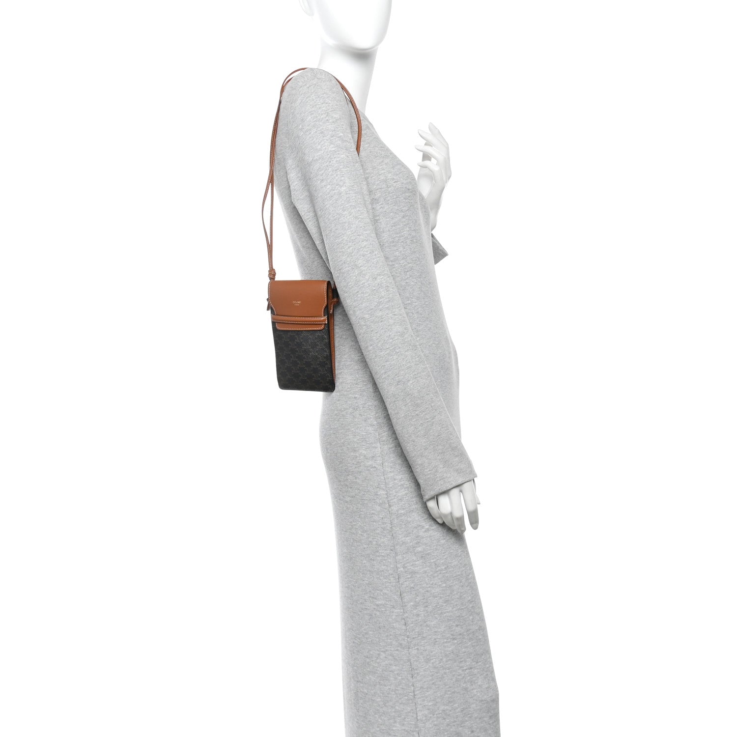 Celine Triomphe Canvas Lambskin Phone Pouch With Flap Tan 2 of 9