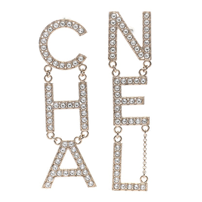 Chanel Crystal Cha-Nel Logo Drop Earrings Gold 1 of 4