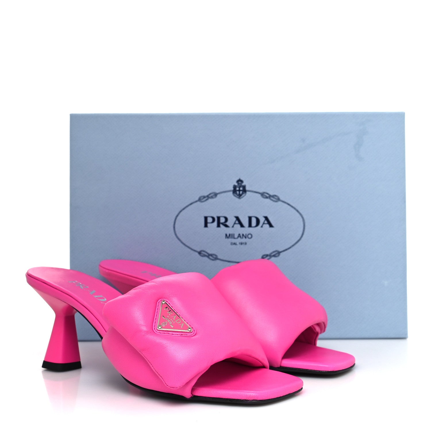 Prada Nappa Soft Padded Metal Triangle Logo 65mm Slide Sandals 38 Begonia Fluo 8 of 8