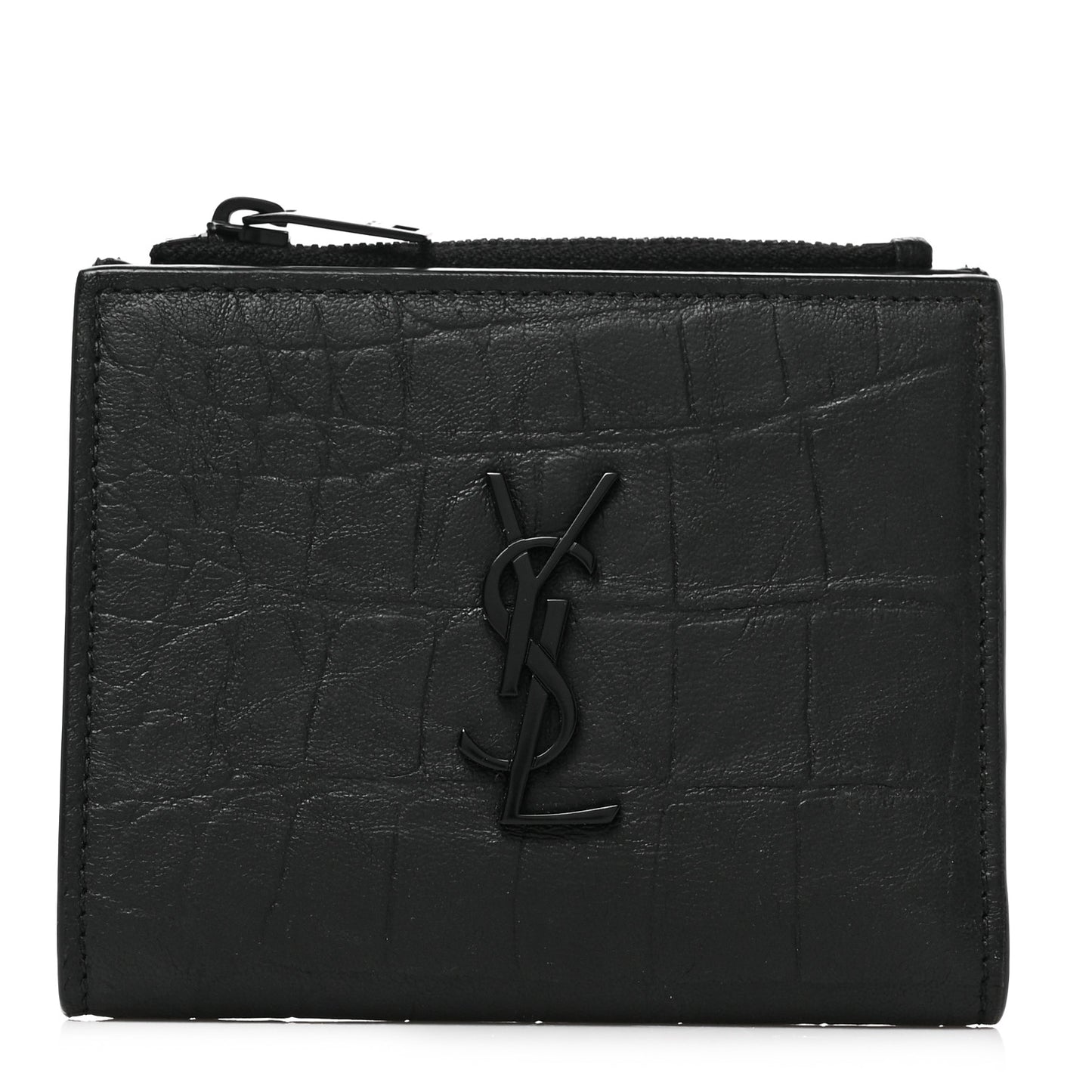 Calfskin Crocodile Embossed Monogram Zipped Card Case Black