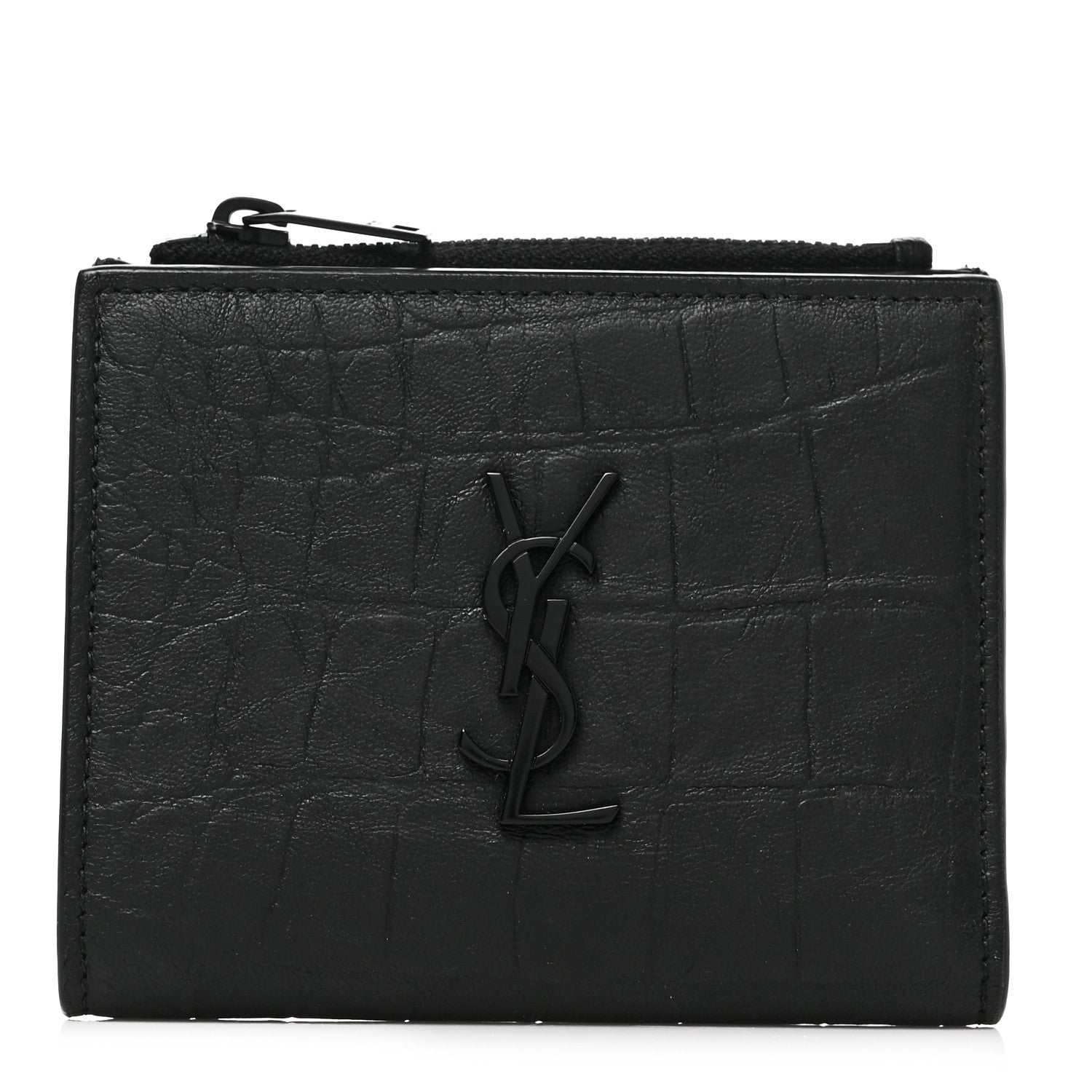 Saint Laurent Calfskin Crocodile Embossed Monogram Zipped Card Case Black 1 of 6
