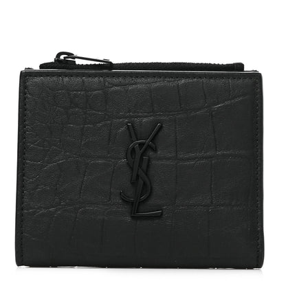 Saint Laurent Calfskin Crocodile Embossed Monogram Zipped Card Case Black 1 of 6