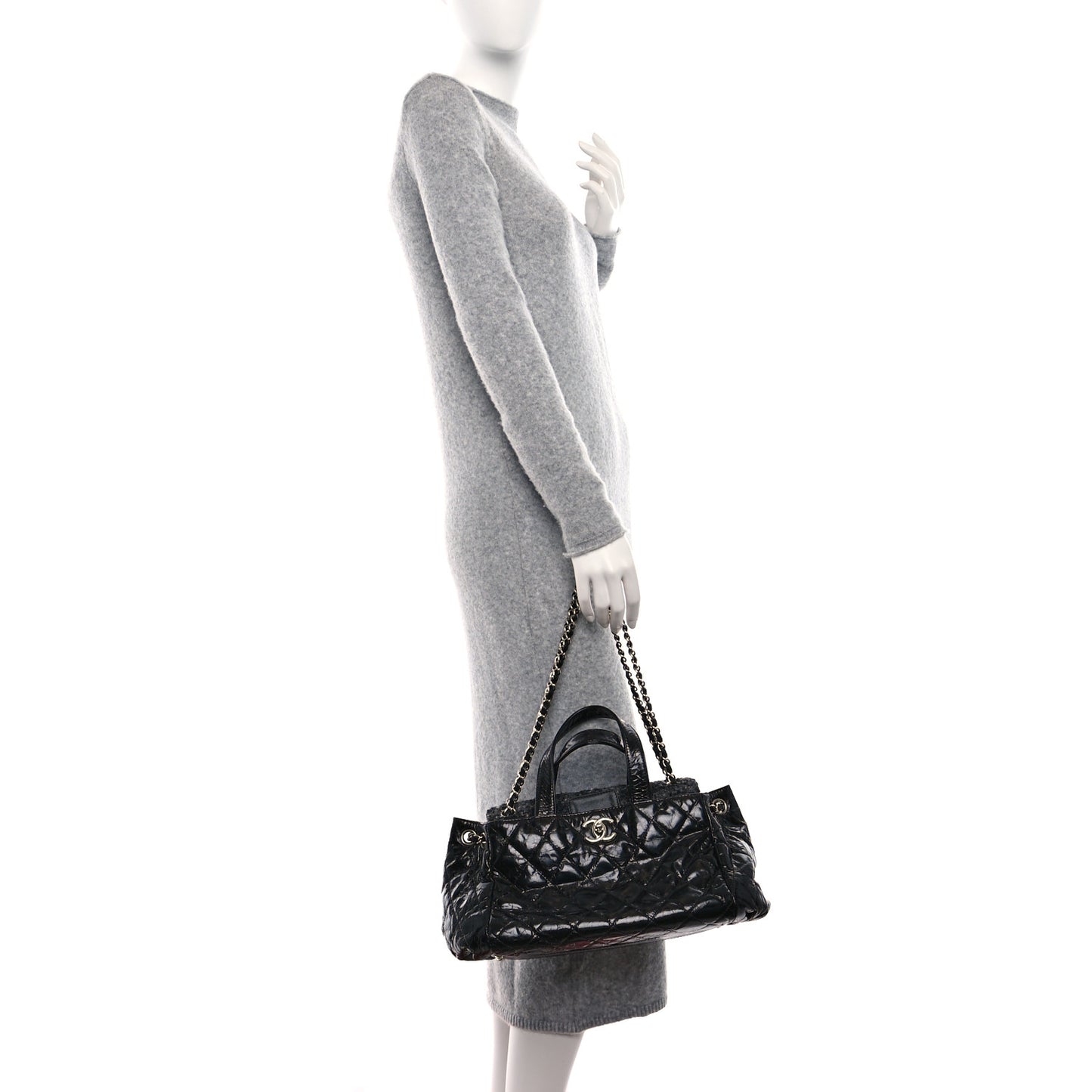 Glazed Calfskin Quilted Tweed Portobello Tote Black