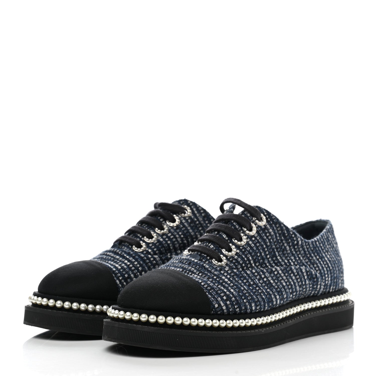 Chanel Denim Grosgrain Camellia Pearl Lace Up Sneakers 37.5 Blue Black 3 of 9