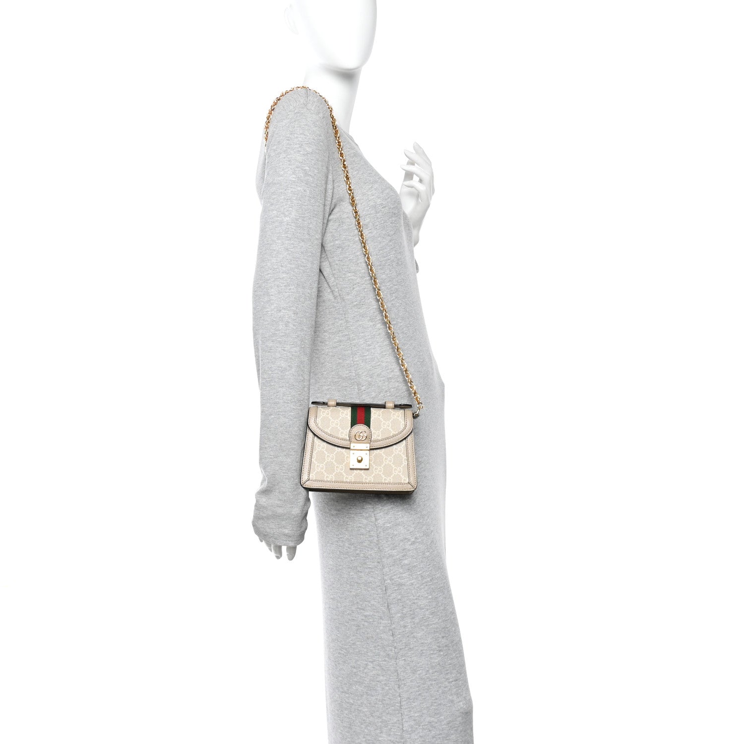 Gucci GG Supreme Monogram Textured Dollar Calfskin Web Mini Ophidia Padlock Top Handle Chain Shoulder Bag Beige Mystic White Oatmeal 2 of 10