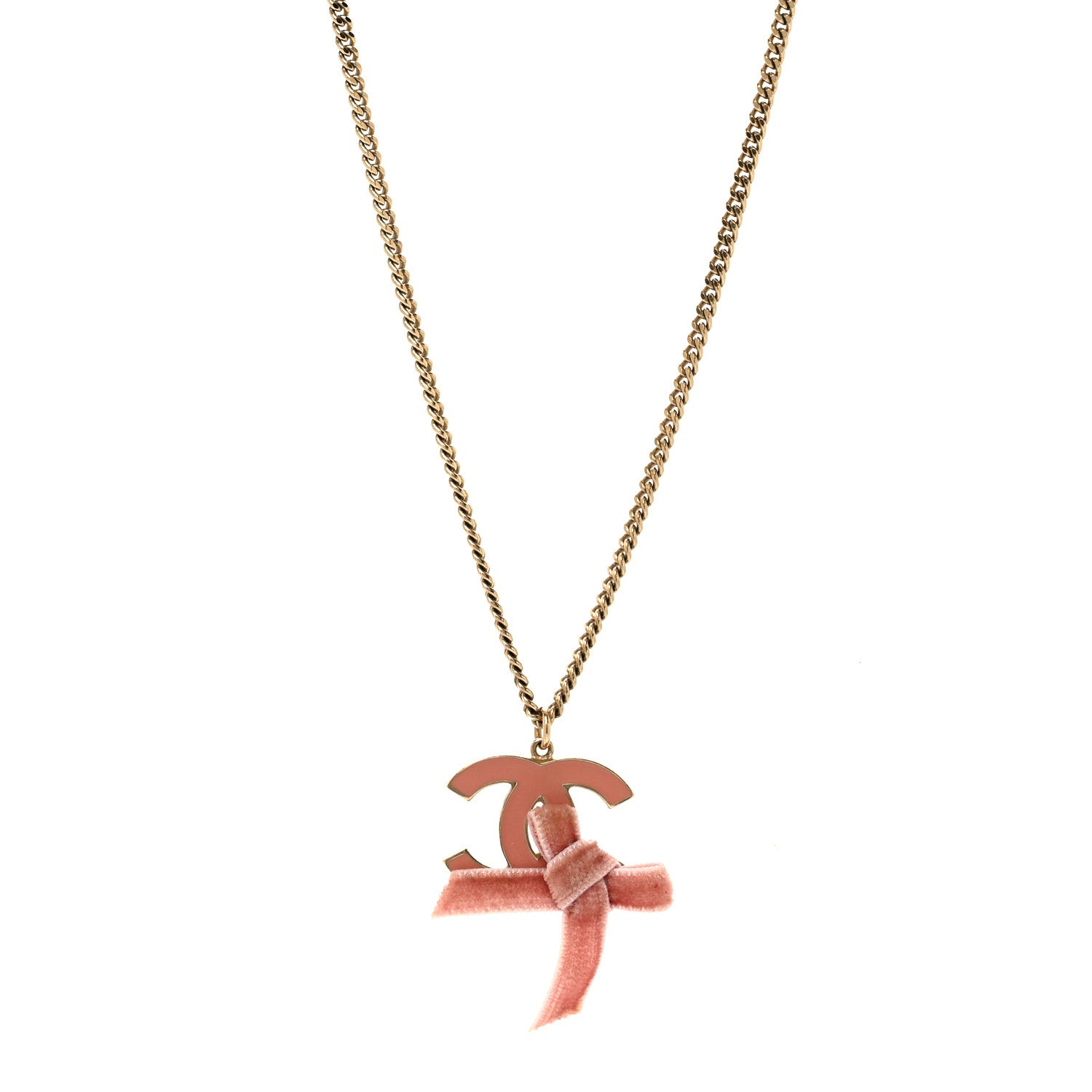 Chanel Metal Enamel Velvet CC Bow Necklace Gold Pink 1 of 4