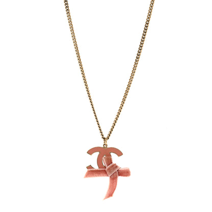 Chanel Metal Enamel Velvet CC Bow Necklace Gold Pink 1 of 4