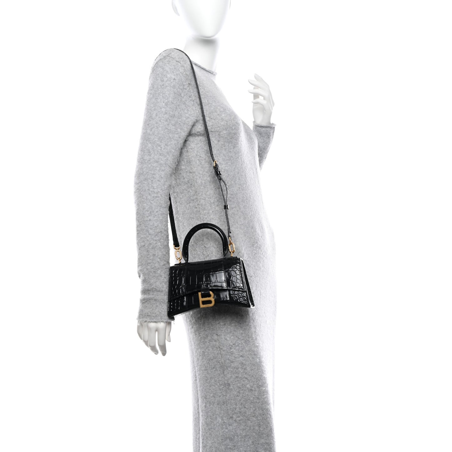 Shiny Calfskin Crocodile Embossed Hourglass Top Handle Bag XS Black