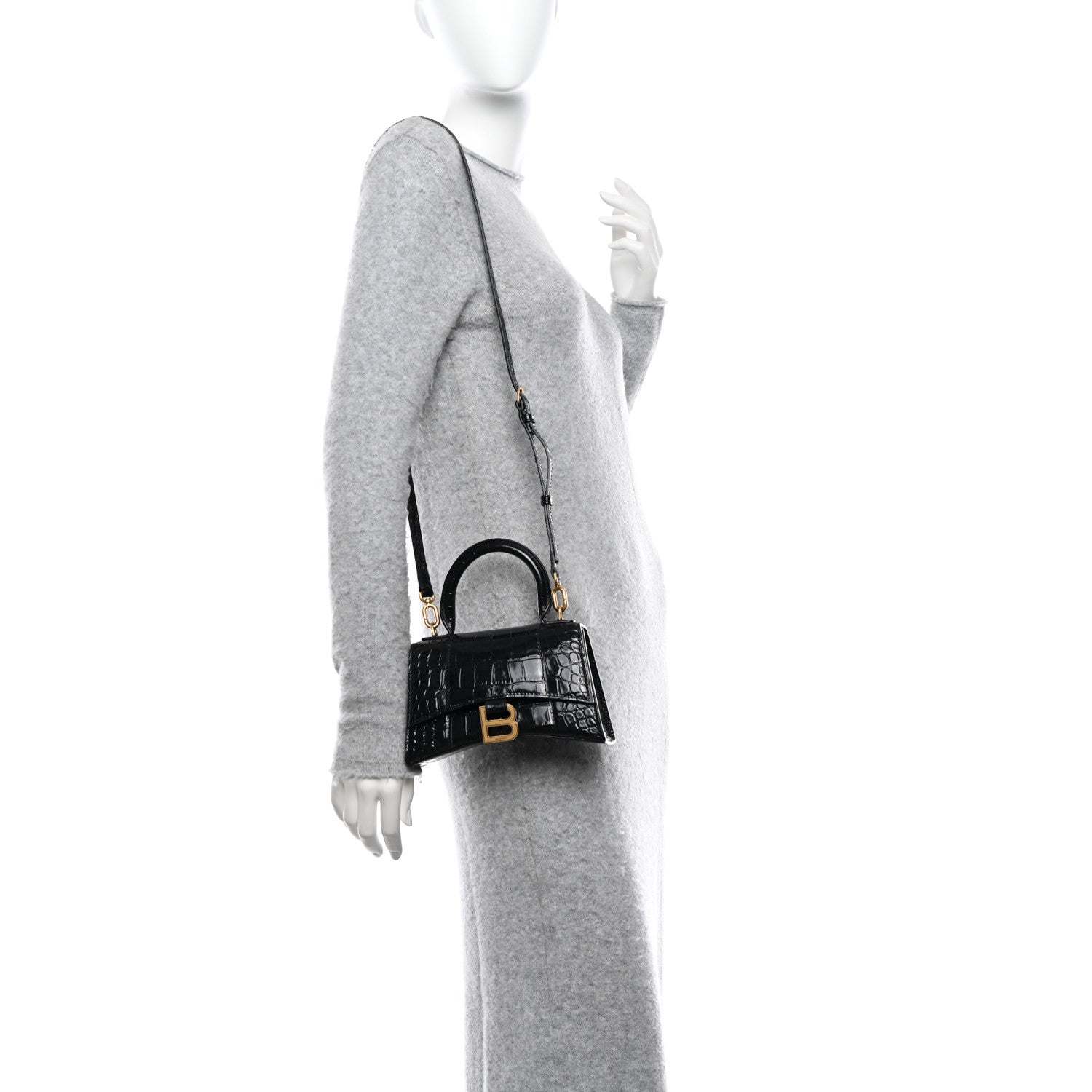Balenciaga Shiny Calfskin Crocodile Embossed Hourglass Top Handle Bag XS Black 2 of 10