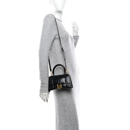 Balenciaga Shiny Calfskin Crocodile Embossed Hourglass Top Handle Bag XS Black 2 of 10