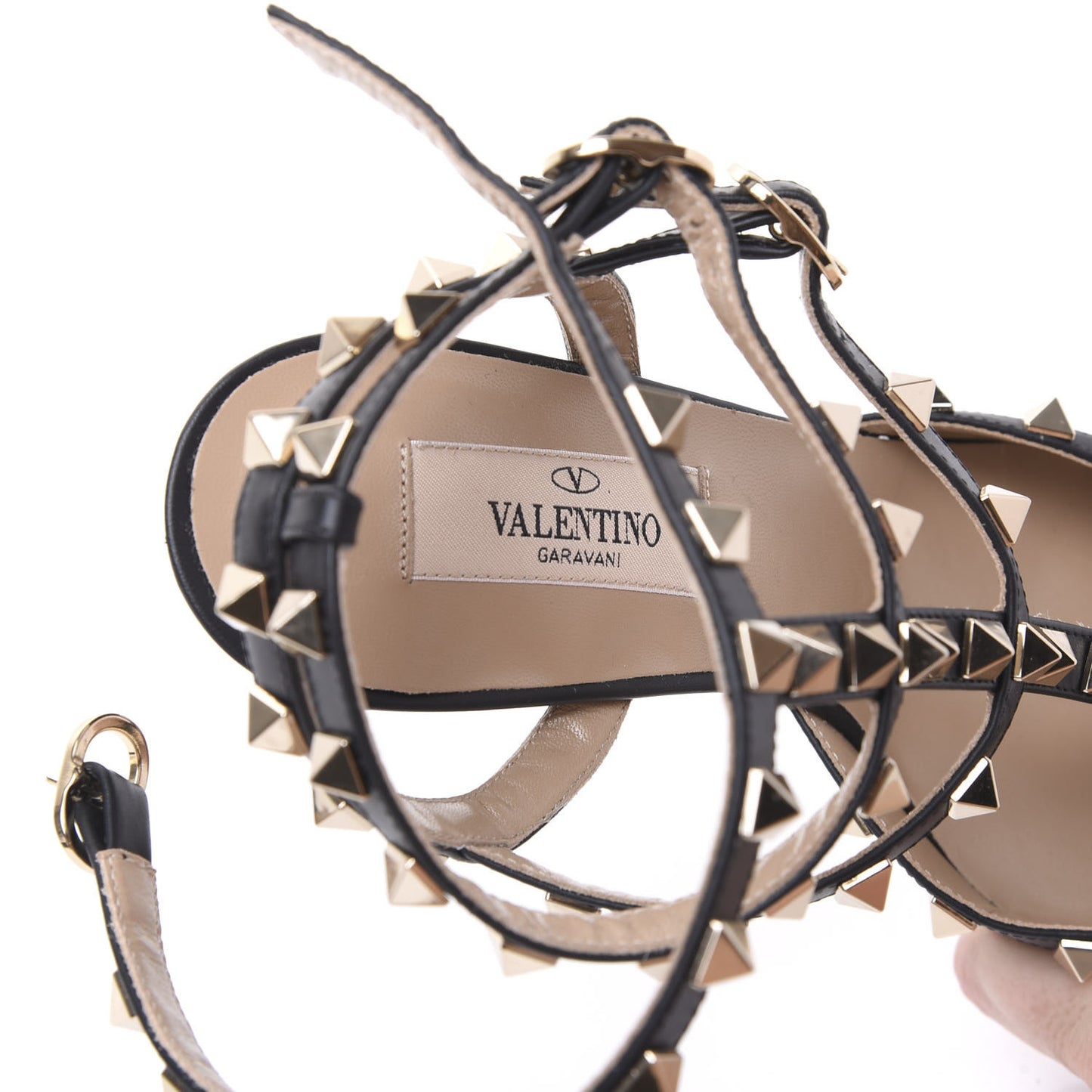 Pebbled Calfskin Rockstud Ankle Strap 65mm Pumps 37 Black