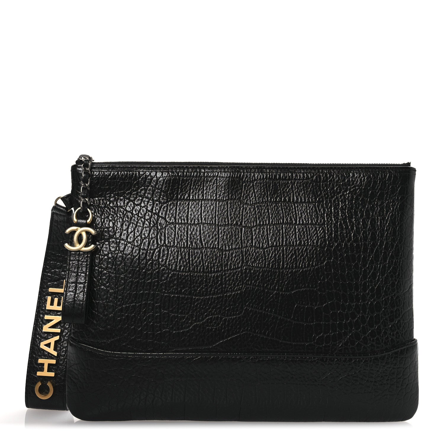 Chanel Calfskin Crocodile Embossed Quilted Medium Gabrielle Cosmetic Case Black 1 of 10