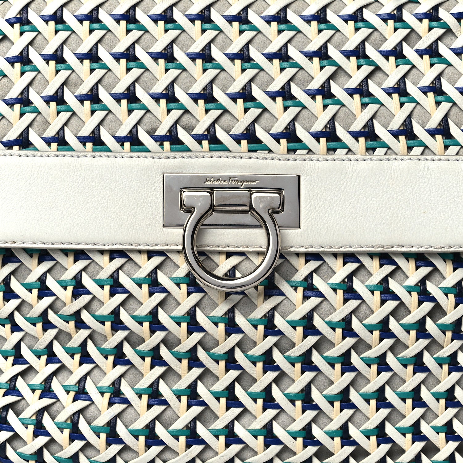 Salvatore Ferragamo Woven Nappa Sofia Satchel White Cream Teal Bright Blue 8 of 10
