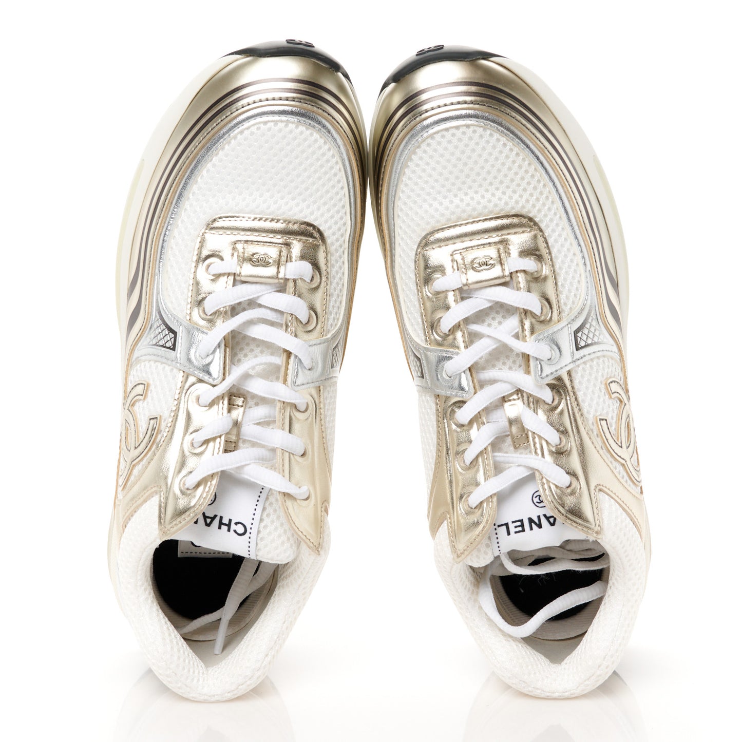 Fabric Laminated Calfskin Stretch CC Womens Sneakers 39.5 White Gold Silver
