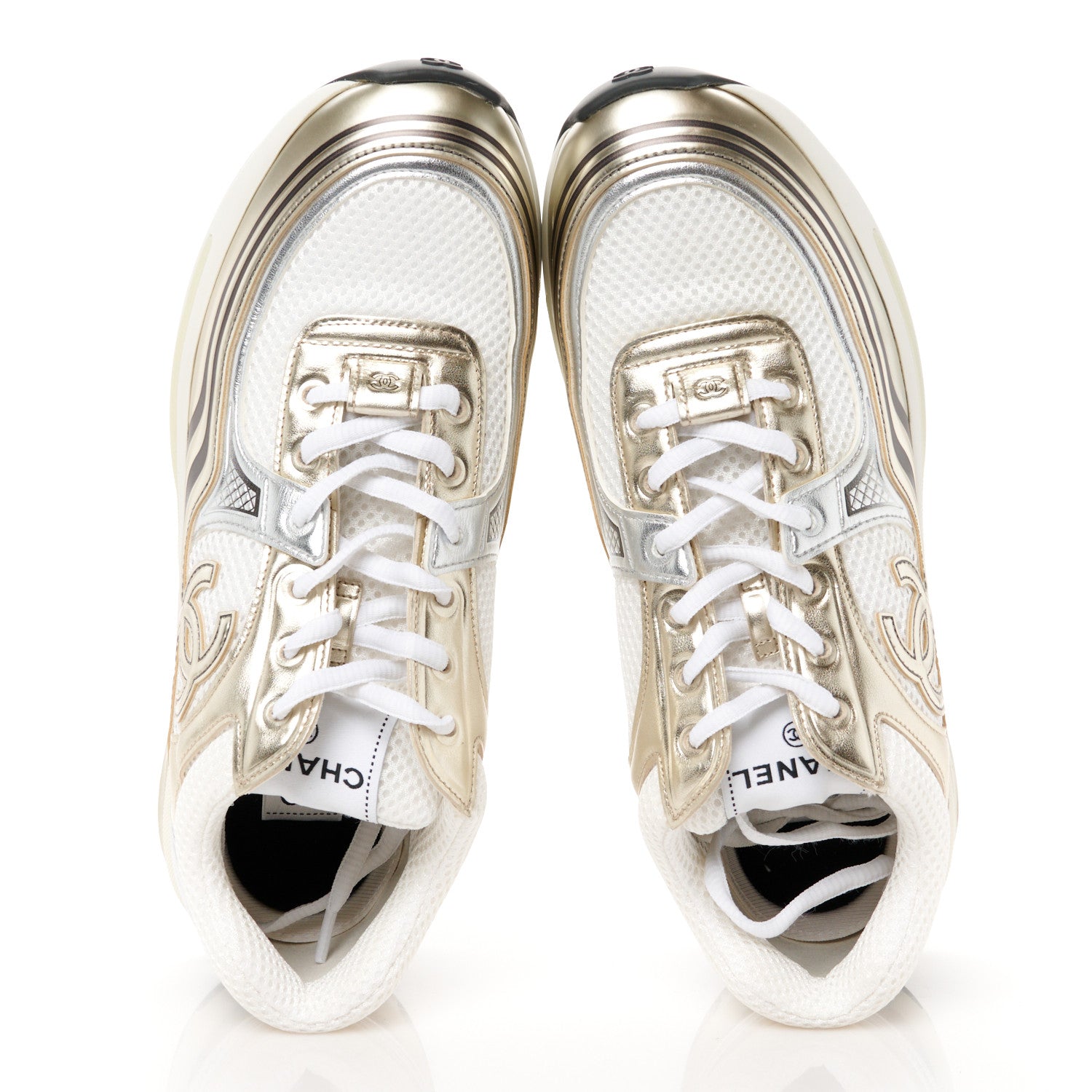 Chanel Fabric Laminated Calfskin Stretch CC Womens Sneakers 39.5 White Gold Silver 2 of 9
