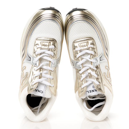 Chanel Fabric Laminated Calfskin Stretch CC Womens Sneakers 39.5 White Gold Silver 2 of 9
